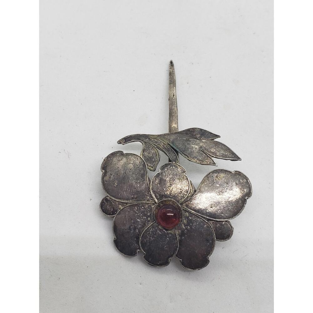 Vintage Sterling Silver Flower Stick Pin Red Cabochon Glass center Art Deco - Picture 6 of 8